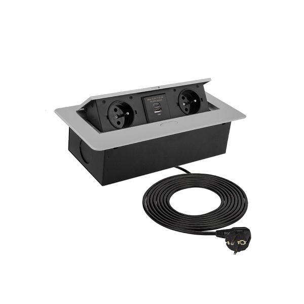 Nábytková zásuvka KOMBI BOX hliník 2xzásuvka, 2x, USBc, 1x USB A 5VDC- 3m kabel