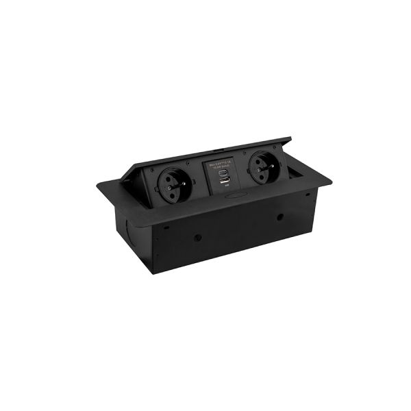 Nábytková zásuvka KOMBI BOX černá 2xzásuvka, 2xUSBc, 1x USB A 5VDC- 3m kabel