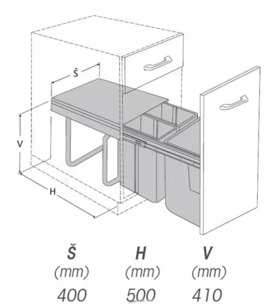 Výsuvný odpadkový 3- koš Komfort s úchyty dvířek, 1x20 l + 2x10 l, K45-šedý plast (A)